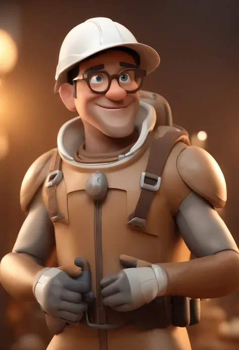 Cartoon character of a man in a brown jumpsuit, capacete de obra branco, Holding an Artboard Animation Character, Caractere estilizado, animation style rendering, 3D estilizado, Arnold Maya render, 3 d render stylized, toon render keyshot, Personagem 3D, P...