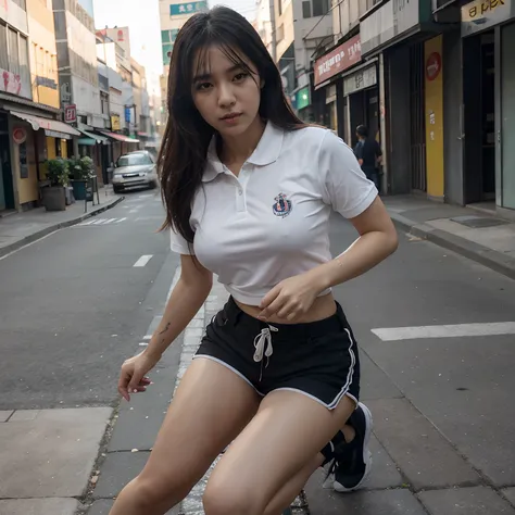 Full body. Beautiful 25 year old South Korean girl, cabello negro, Dressed in polo shirt and shorts running down the sidewalk of Seoul, textura de piel gran angular, ultra detallado, Detalles intricados, octanaje renderizado, iluminacion volumetrica, golde...