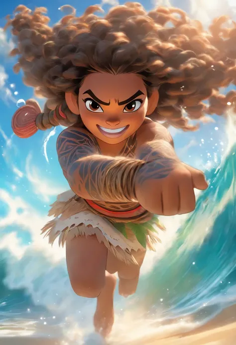 (best quality,ultra-detalhado),Moana, "Moana" film holding a Bible in his hand,illustration,cores realistas,fundo tropical vibrante,Oceano cintilante,clear blue skies,belos olhos detalhados,cabelos soprados pelo vento,rosto sorridente,Flowing dress,magic n...