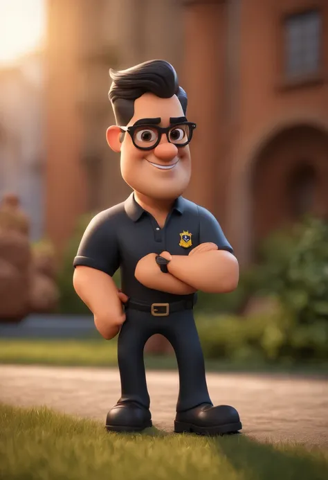 Cartoon character of a man with black glasses and a black polo shirt, cabelo liso curto, No beard and tattoo of the Brazilian flag on his right arm, animation character, Caractere estilizado, animation style rendering, 3D estilizado, Arnold Maya render, 3d...