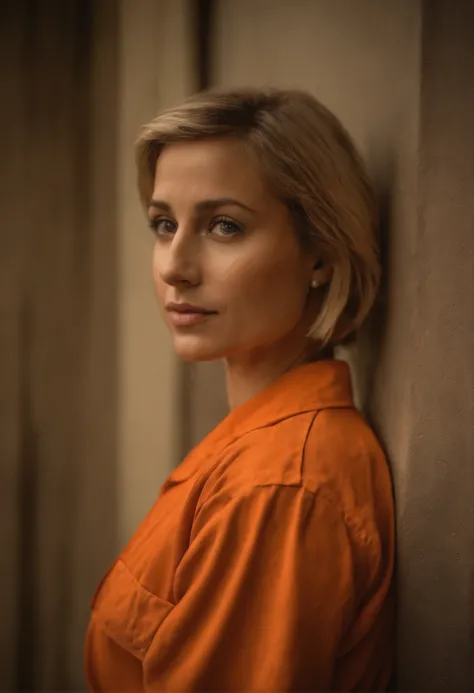 ((realismo)), extremely high quality RAW photograph, Antecedentes detalhados, intrincado, messy hair, Detalhes e texturas requintados, altamente detalhado, Foto de (Allison Mack) in a prison cell, (wearing orange prison clothes:1.3), Looking away from the ...