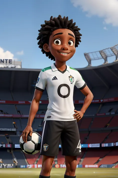 Black soccer player in stadium with Santos shirt, short black hair, smiling