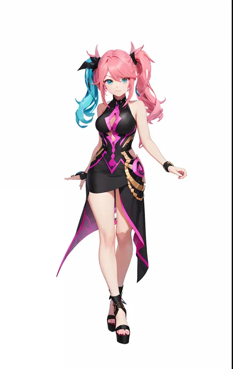 Mira Fermin (Bakugan human: 1.8) with pink long hair blue eyes in a black with pink cotton dress, Anime, Anime art germ, Anime styled digital art, realistic anime, 3d anime, Extremely detailed.