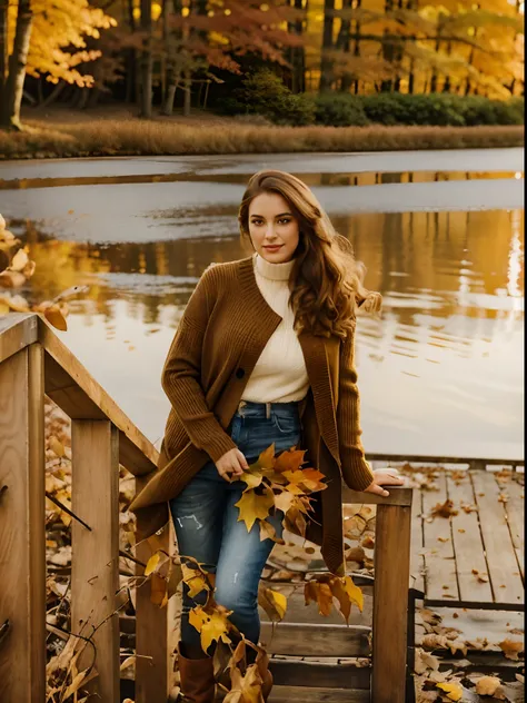 Happy (((The girl is dressed in jeans and a white sweater))) Create a full-length photo of autumn, Stunning brunette influencer. She should look around the age of 20, Approx. 5 ft 4 in" tall with long, Wavy brown hair, Falling gracefully over the shoulders...