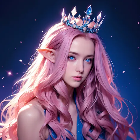 a woman, long curly hair, pink hair, blue eyes, elf, sensual, wearing crown, Magical background, dark blue background, magic around, blue magic,