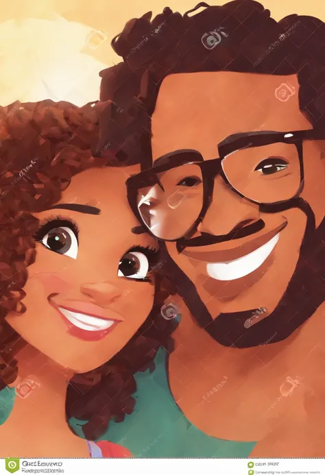 An illustration of an adorable couple, Highlight for a chubby mulatto man with glasses smiling and a brunette woman with beautiful expressive eyes - the mans skin is mulatto and the mans hair haswhile the womans skin is black and the womans hair is straigh...