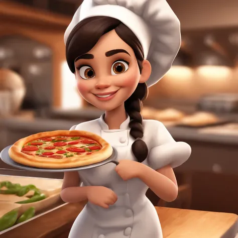 qualidade de imagem do filme，Disney Animation Style，A young girl dressed as a cook with a pizza in her hand，cabelo longos e detalhado，Em uma cozinha de Restaurante，Looking straight at the camera and smiling, profundidade de campos，Luz alta，luz real，Trachin...