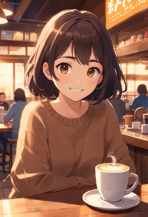 Cute black long straight hair brown eyes round face girl wearing brown sweater sitting in café drinking coffee, Sunset, toothy smile without bangs, holding a poodle puppy in your arms