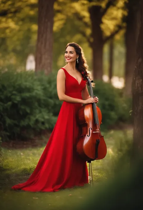 masterpiece, best quality, an woman with a big smile and a cello wearing a red long dress, standing at the park