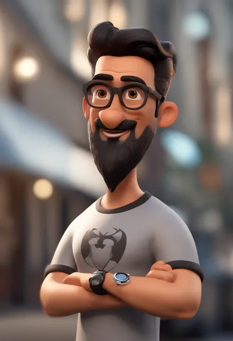 Cartoon character of a man with black glasses and a black polo shirt, cabelo liso, With beard and old school tattoo on his arm, animation character, Caractere estilizado, animation style rendering, 3D estilizado, Arnold Maya render, 3 d render stylized, to...