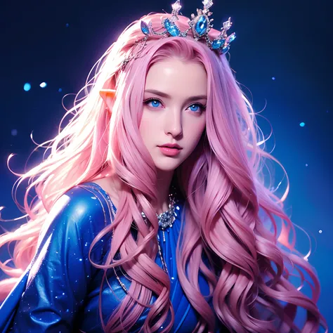 a woman, long curly hair, pink hair, blue eyes, elf, sensual, wearing crown, Magical background, dark blue background, magic around, blue magic,sexy