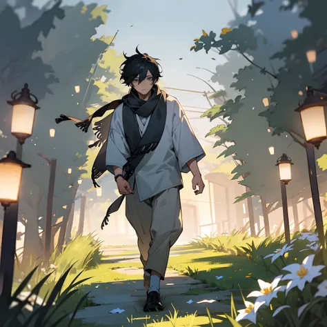 1male, teen, messy short black hair, finely detailed grey eyes, loose casual clothing, scarf, walking down path, grassy fields, flowers, lanterns, best lighting and shadows