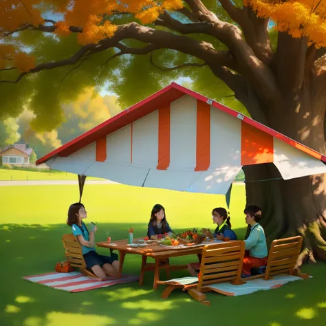 Outdoor wooden dining table on the grass under giant tree many children with family play around bicycle parking on left side back ground is small red cabin with orange roof lady sitting painting on canvas couple picnic under the tree