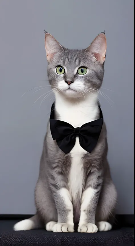 Gray mysterious cat、odd eye、hali々and has、Dignified look、with round face、rounded body shape、Black bow tie、sitting on、Sitting facing the front、Looking at the camera、The background is a simple black wall、The ground is black floor、detailed photo、The whole body...