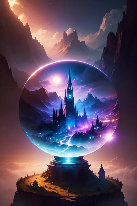 Beautiful fantasy landscape inside a sparkling crystal ball, mystical magical fantasy enchanted ethereal, cinematic shot, cinematic scene, stunning, breathtaking, a sense of magic in the air, magical fantasy, diffused lighting