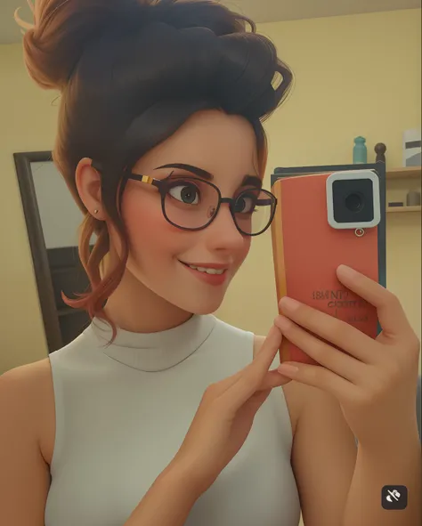 Uma mulher de 18 anos, com cabelos longos cacheados e cor vermelho e laranja, Rosto redondo, smile shy, e olhos castanhos, Wearing Pull style glasses in high quality