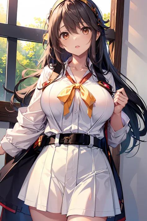 female high-school student、white button-up long shirt high school girl with huge breasts、hight resolution, (((yunyun))) , (beaut...