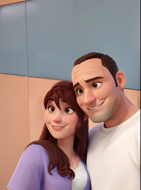 Casal (homem moreno e mulher branca) no estilo Disney Pixar, alta qualidade, melhor qualidade.