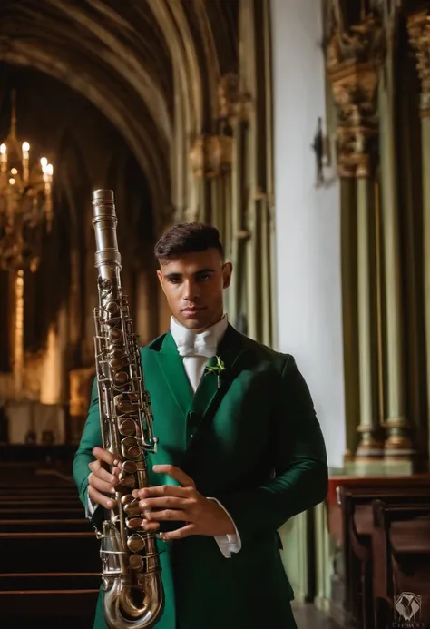 Homem,25 anos , loiro,branco , olhos verdes,terno preto , na igreja , Holding an Oboe