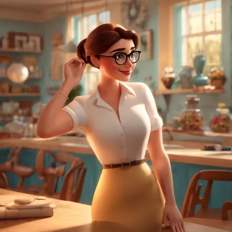 arte no estilo de senho animado 3D, estilo Disney Pixar, Eyewear Shop, fundo claro branco, Woman in glasses and white dress shirt with glasses in hand, desenho igual Disney Pixar, 3D rendering design