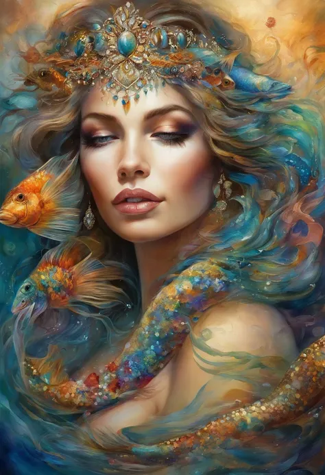 em 8k, She embodies perfection, A mermaid of regal stature, semelhante a uma deusa celestial. Sua forma brilha com tons iridescentes, as if the very essence of the oceans beauty resides in it. Seus olhos, Deep Liquid Sapphire Pools, Hold on to the mysterie...