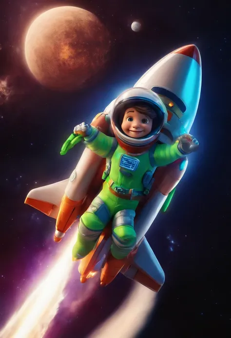 personagem masculino, barba baixa, cabelo curto enrolado, Riding a rocket taking flight in the Milky Way, feliz, victory pose, roupa de astronauta azul e verde neon, estilo Pixar 3d