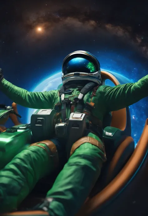 personagem masculino, barba baixa, cabelo curto enrolado, Riding a rocket taking flight in the Milky Way, feliz, victory pose, roupa de astronauta azul e verde neon, estilo Pixar 3d