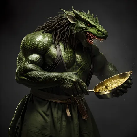 A grumpy monster chef named Gorgon, with an imposing and comical appearance. Gorgon is hulking, covered in mottled, green scales, and has snake-like features, including a tail. He wears a ragged chefs apron and carries an oversized spatula and a ladle. The...