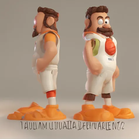 Criar um personagem no estilo Pixar. Trata-se de um homem de 30 anos, com barba, Branco, com cabelos castanhos curtos e um quiff, e olhos castanhos. Ele deve estar na frente de um computador, Trabalhar como designer