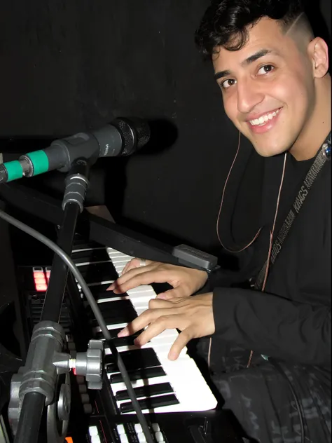 homem sorridente sentado em um teclado com fones de ouvido ligados, tecladista, Executar, pianista, Ahmad Merheb, daniel mirante, Sam Nassour, Farid Ghanbari, caio santos, Apresentando-se no palco, tiradas no final dos anos 2000, Emad Mostaque, Jamel Shabb...