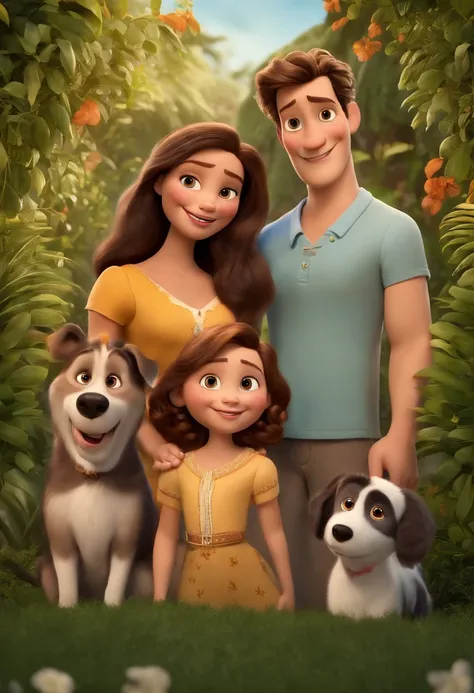 a Disney Pixar movie poster showing a white-skinned family. The father is the tallest, cabelos pretos, cabelos curtos e espinhosos. The mother has brown eyes and hair, shoulder-length and is slightly overweight. A menino tem 9 anos e cabelos castanhos, rou...