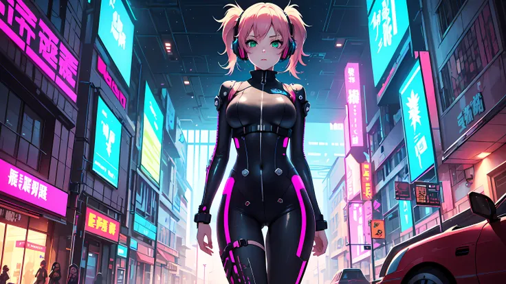 hd masterpiece, anime girl, 1girl ((20year old, dressed a tight futuristic sci-fi bodysuit, boots, medium breasts, multicolor pink hair, twin ponytails, perfect model body:1.3, detailed green eyes:1.5, standing in a spaceship looking at her phone:1.5, wear...