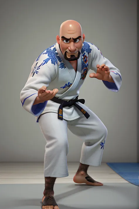 a bald, beardless, barefoot man wearing jiu jitsu kimono, pixar style, high quality, best quality