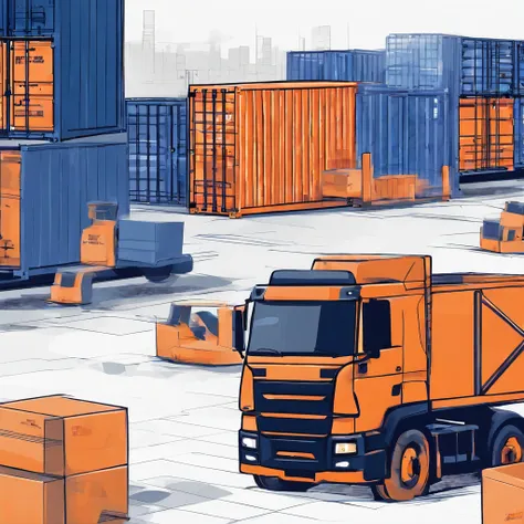 All in dark blue orange tones, Background - abstract world map, Right forklift with boxes, Upstairs is a cargo plane, Right rear view of open truck container doors, where the boxes are visible