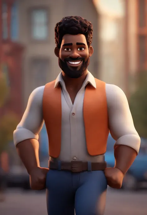 personagem masculino, pele clara, barba baixa, cabelo preto curto enrolado, olhos escuros, boca carnuda, feliz, victory pose, Realtor, estilo Pixar 3d