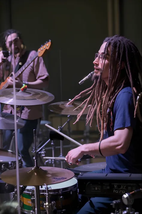 Foto estilo Pixar, em alta qualidade. Baterista ruivo com dreads, without glasses, se divertindo