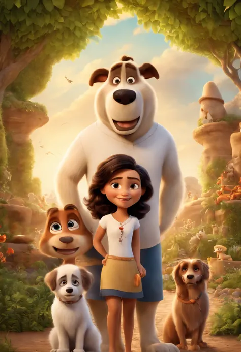 a Disney Pixar movie poster showing a white-skinned family. The father is the tallest, cabelos pretos, cabelos curtos e espinhosos. The mother has brown eyes and hair, shoulder-length and is slightly overweight. A menino tem 9 anos e cabelos castanhos, rou...