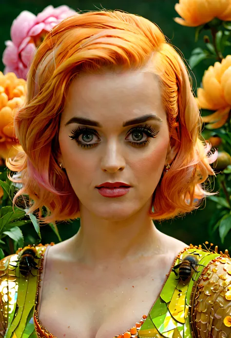 KatyPerry, art by John William Waterhouse, photograph, Insecure fat Hungarian (Girl:1.1) , fluorescent orange hair styled as , Peony in background, space with Beehive, at Sunset, hyper detailed, film grain, Canon R5, Zoom lens, trending on artstation, Pixa...