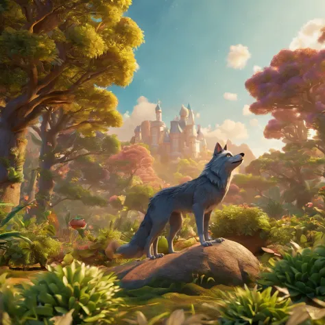 Create a Disney Pixar-inspired landscape with the character being the Wolf with big claws and hungry eyes and a gray-haired man wearing glasses, em uma floresta escura