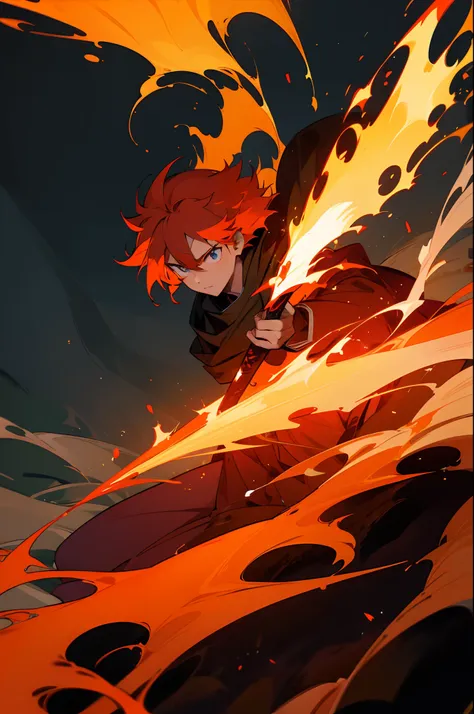 30 years old male anime character with lava and flames in a room, lava mage, he is in a lava mountain, holy lava spell art, casting lava spells, thin young male, lava spell, lava with rock background, flame spell, fire behind him, badass anime 8 k, lava!! ...