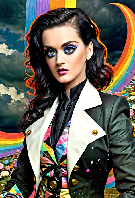 KatyPerry, (art by J.C. Leyendecker:0.7) , (art by John Constable:1.2) , photograph, hyper detailed, (Woman:1.1) , wearing 1600S Art Nouveau contrasting colors Tailcoat, DayGlo Anime Eyes, Hurricane, horizon-centered, rim light, film grain, Polaroid, F/2.8...