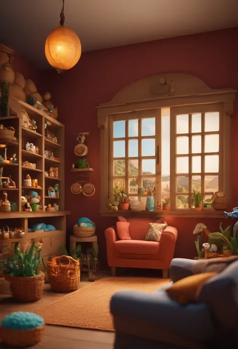 create a 3D movie poster inspired by Disney Pixar, The scene should be in Pixars signature Amigurumi atelier style, with an image of a craft studio that resembles an artisan with, morena clara, rosto quadrado, olhos castanhos, with square glasses, cabelos ...