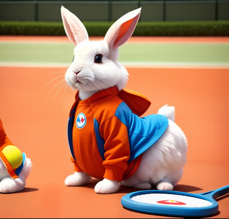 There was a rabbit sitting on the ground， In the split pose, （In the split pose），Funny rabbit, in a fighting pose,Holding a tennis racket, very artistic poses, cool posing, Sola as a rabbit， Super Mario,, sports mascot, Awesome bunny, with a cool pose, Coo...