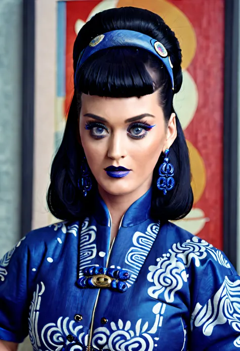 KatyPerry, photograph, highly detailed, Ignorant fit Qin Dynasty Woman, Gallery owner, wearing electric indigo Gomesi, 1950S Black hair, Kodak portra 800, macro lens, Pixabay, art by John Constable,art by Tristan Eaton,