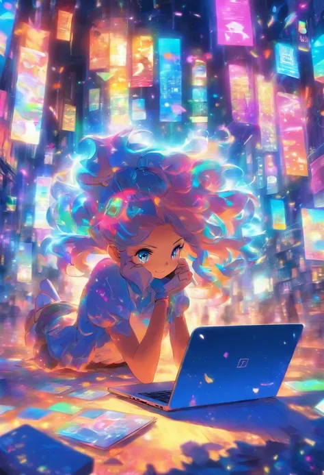 Very colorful and cheerful image of young girl reading emails and messages from her laptop