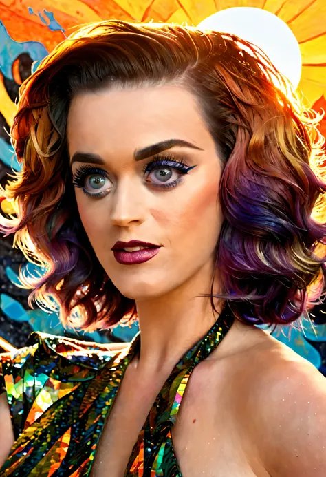 KatyPerry, art by Loish,art by J.C. Leyendecker, photograph, Female, [Holy|Rusty] hair styled as Side swept, [lava pit|street], Sun in the sky, Sony A9 II, Fish-eye Lens, Electic Colors,