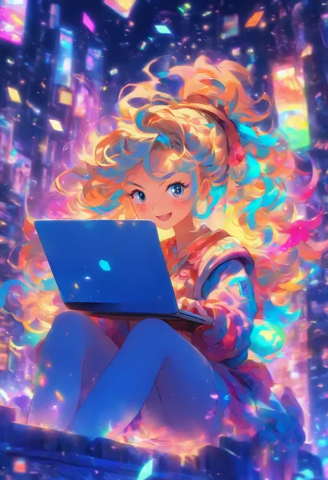 Very colorful and cheerful image of young girl reading emails and messages on her laptop