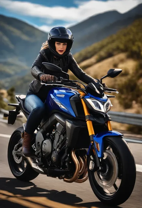 A girl riding a Yamaha MT 07 motorcycle, beautiful detailed eyes, long eyelashes, detailed lips, sleek and shiny motorcycle, leather jacket and helmet, confidence and excitement in her expression, clear blue sky, winding mountain road, dynamic composition,...