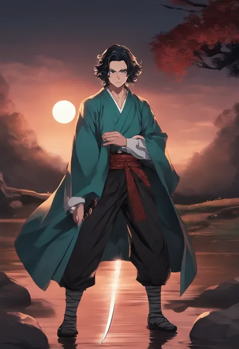 Personagem de anime com cabelo longo segurando uma espada na frente de uma lua cheia, Cute guy in demon slayer art, Kimetsu no yaiba, inspirado em Demon Slayer, Yoriichi Tsugikuni, estilo de arte demon slayer, Imagem de anime de Demon Slayer, Tanjiro Kamad...