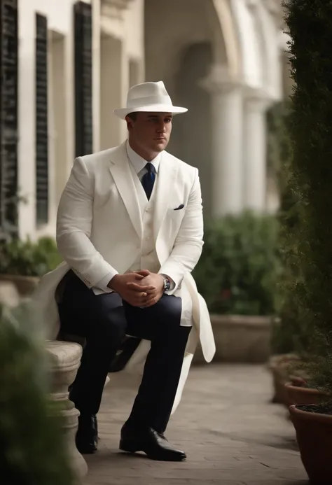 a 30 year old man, fat, very well dressed, with a beautiful white suit, with a white shirt, a blue tie, wearing a white hat, with black shoes, with the posture of being a very rich man and, in a way , from a very large intelligentsia